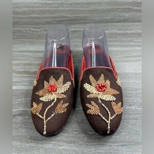 NEW* Beverly Feldman Beaded Canvas with Pink Snakeskin Trim Mules Womens Size 8